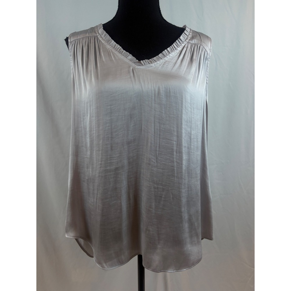 Banana Republic Silver Satin Ruffle V-Neck Sleeveless Blouse Top Large Large
